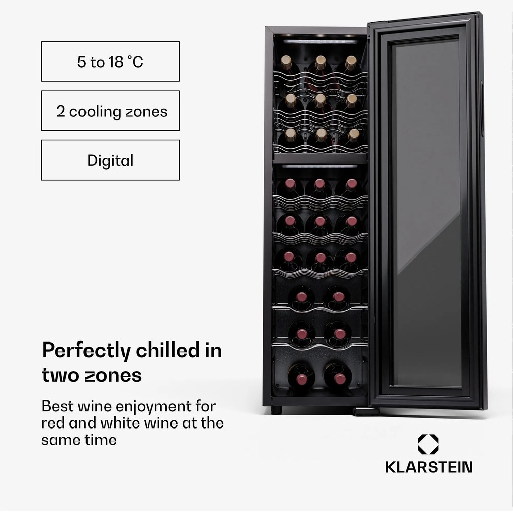 Klarstein Shiraz 24 Duo, borhűtő, 2 zóna, 75 l/24 palack, 5-18 °C, érintésvezérlés