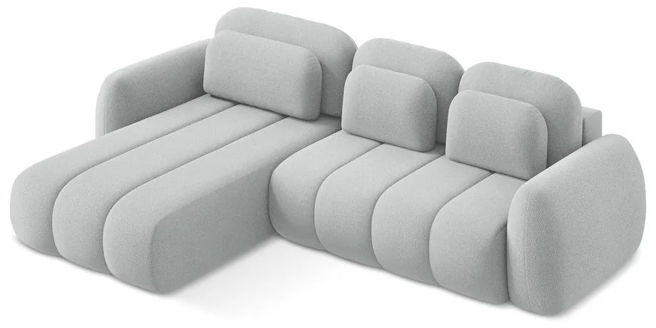 Világosszürke buklé kinyitható-tárolóhelyes sarokkanapé (bal oldali-heverő résszel) Pele – Makamii