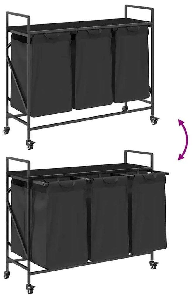 fekete tölgyfa mosodai kosár 3 rekeszes kerekekkel