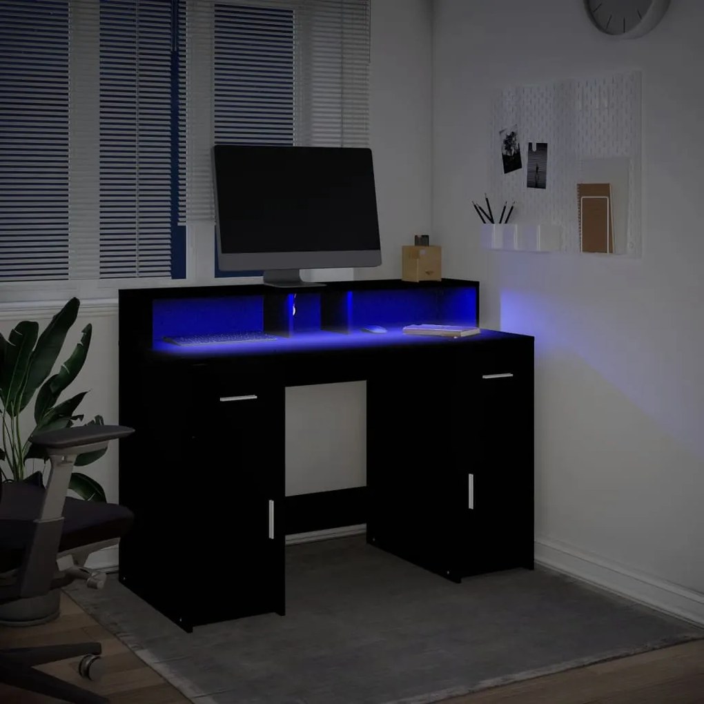 fekete szerelt fa íróasztal LED-világítással 120 x 55 x 91 cm