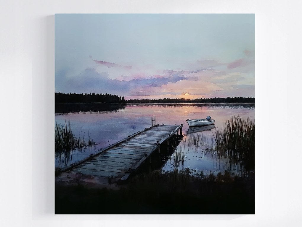 Vászonkép Canvas Tájkép Tó Kikötő Híd Csónak Nap 80x80