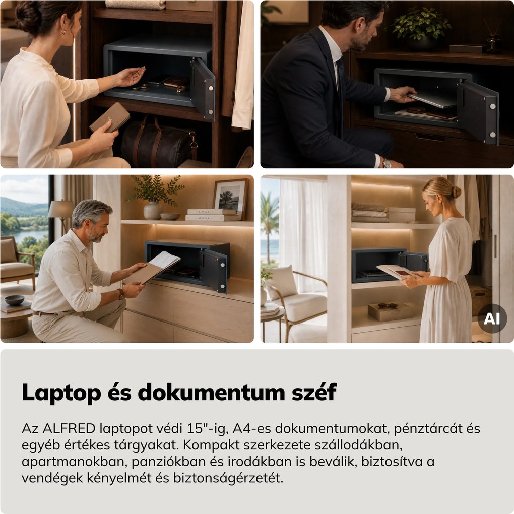 Hotelszéf elektronikus kódzárral, 15″ laptophoz és dokumentumokhoz, 200 x420x370 mm: ALFRED