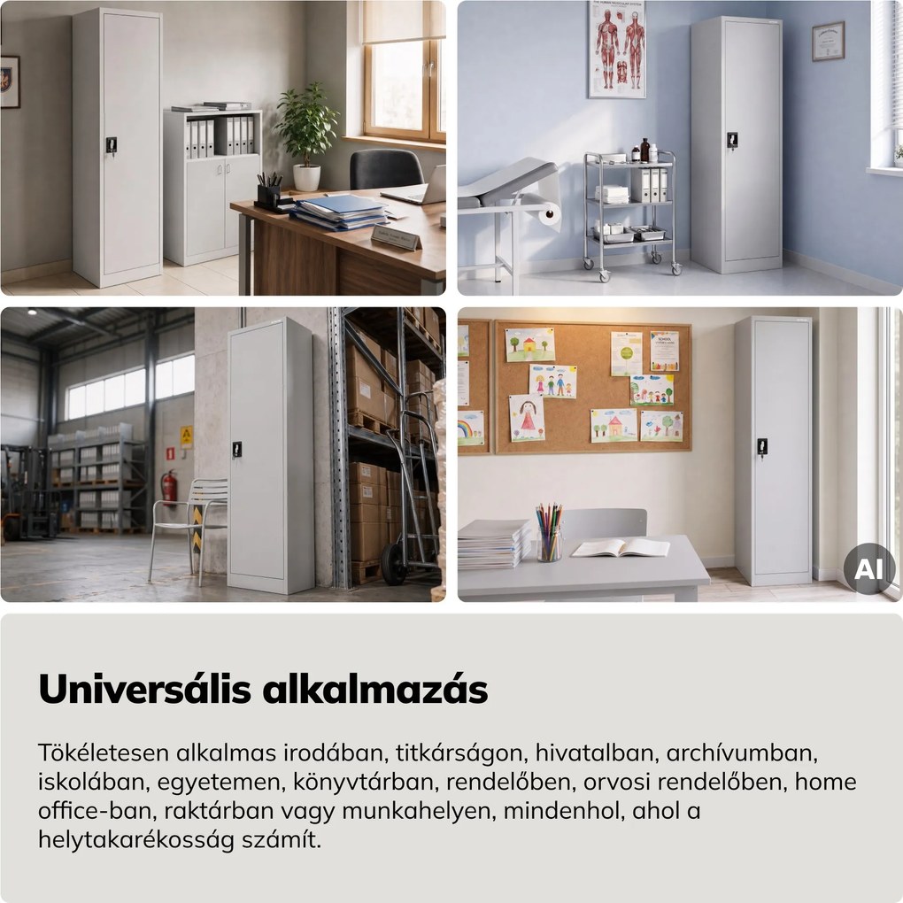 Kartoték irattároló szekrény kulcsra zárható magas szürke, 450x2200x400 mm: ALEX H2200