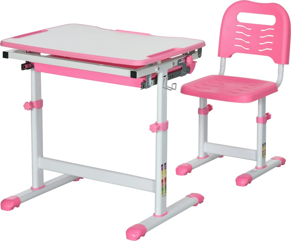 HOMCOM Magasságban Állítható Iskolai Íróasztal Gyermekeknek 6-12 Év, Íróasztal és Szék Készlet 45° Dönthető Asztallappal, Fiókkal, 2 Tolltartóval és A