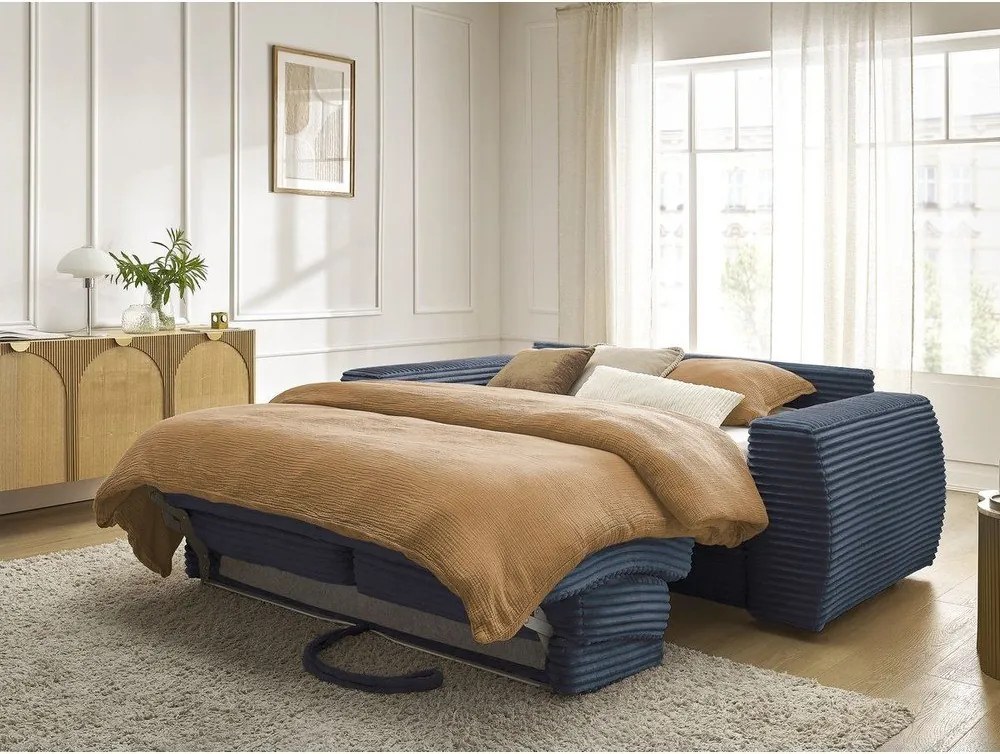 Sötétkék kordbársony kanapé mindennapos alvásra-kinyitható 240 cm Hugo – Bobochic Paris