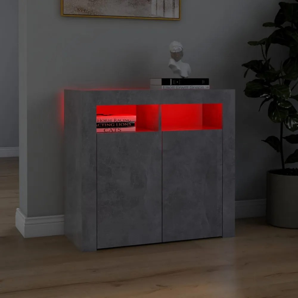 betonszürke tálalószekrény LED-világítással 80 x 35 x 75 cm