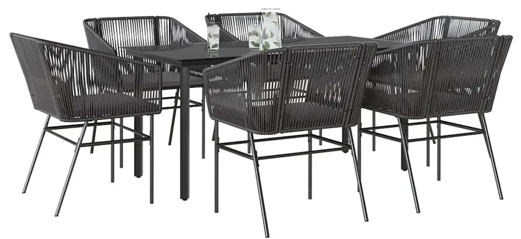 vidaXL 7 részes fekete polyrattan üveg kerti étkezőgarnitúra párnákkal