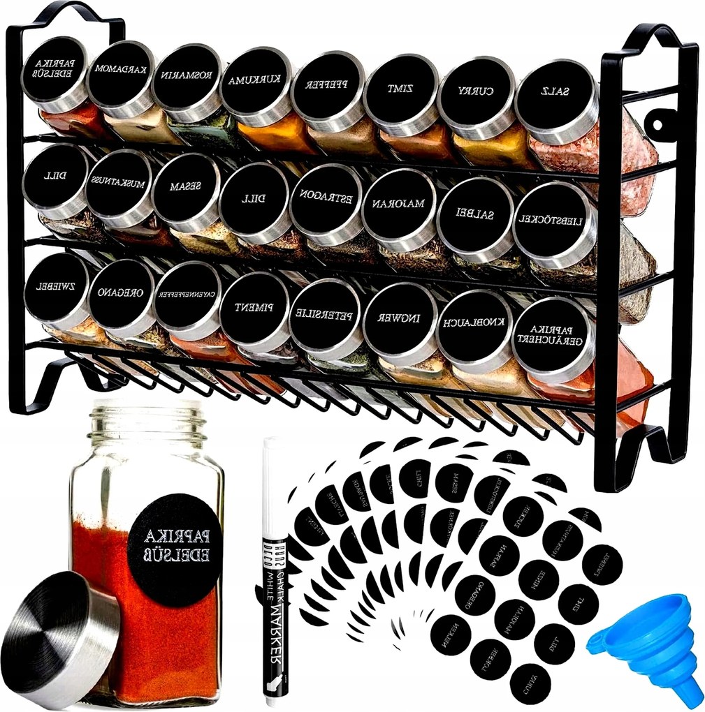 Fűszertartó Állvány 24 Üveg Sótartóval, Tárolóval, Szervező Címkék