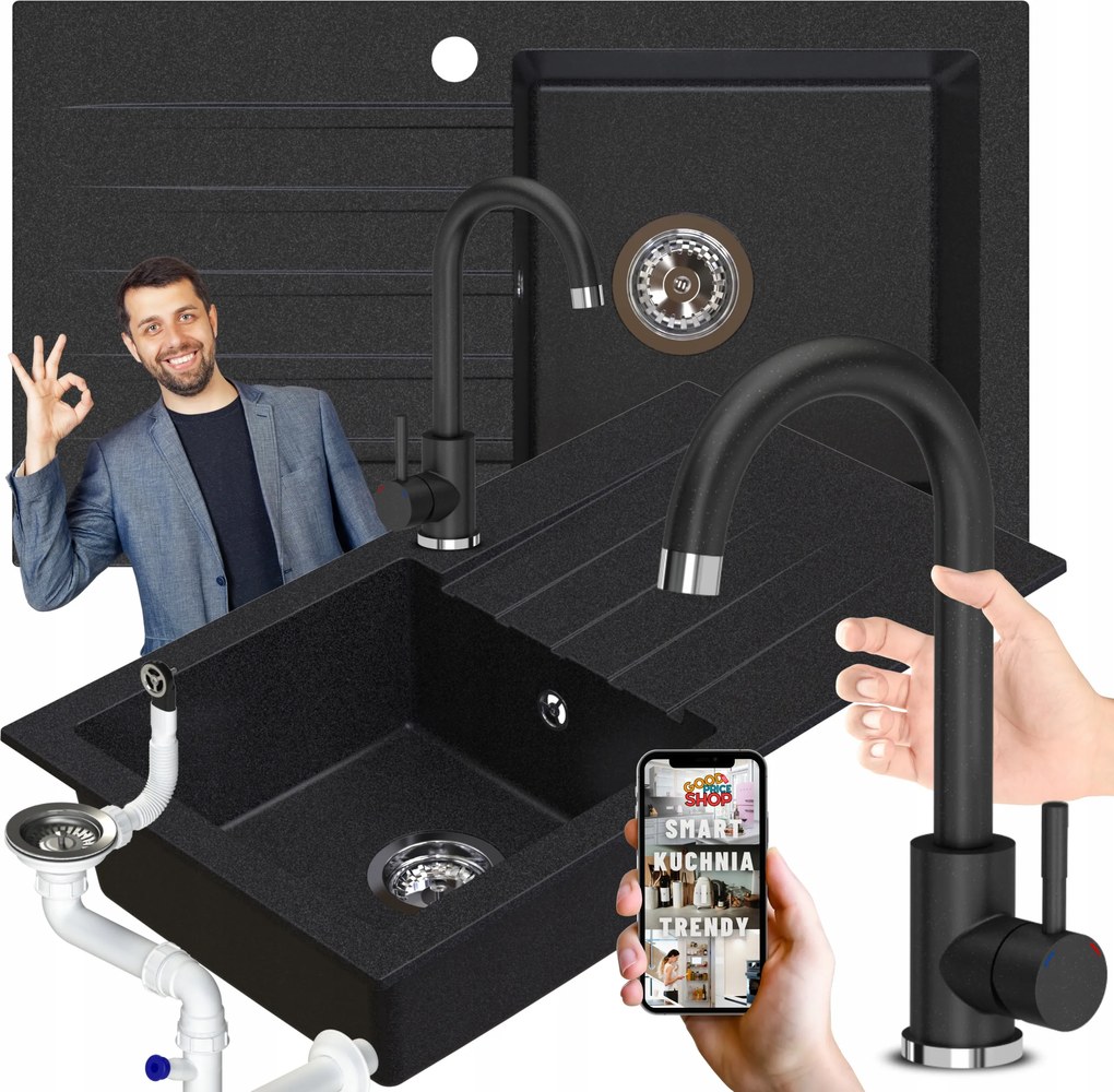 Egymedencés Gránit Mosogató Konyhai Csapteleppel, Fekete, Pöttyös