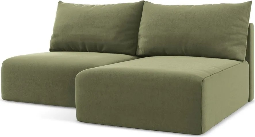 Zöld bársony kinyitható-tárolóhelyes sarokkanapé (jobb oldali-heverő résszel) Kalena – Makamii