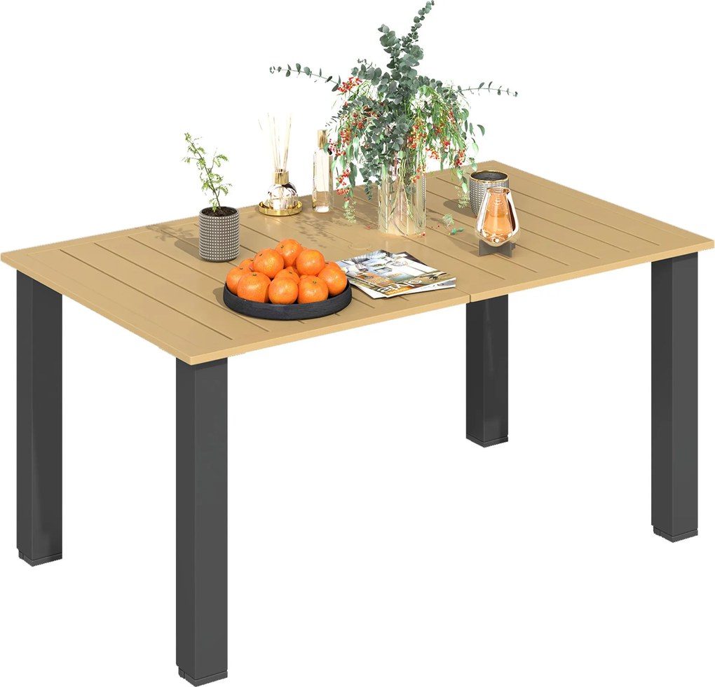 Outsunny Téglalap alakú Kerti Asztal Kültéri Terasz Asztal 150x90x73 cm Acél Lábakkal, Napernyő Nyílással és Lamellás Kialakítással, Teherbírás 70 kg