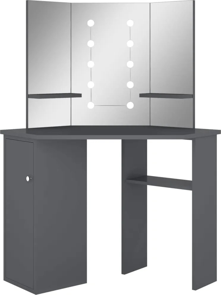 vidaXL szürke sarok fésülködőasztal LED világítással 111x54x141,5 cm