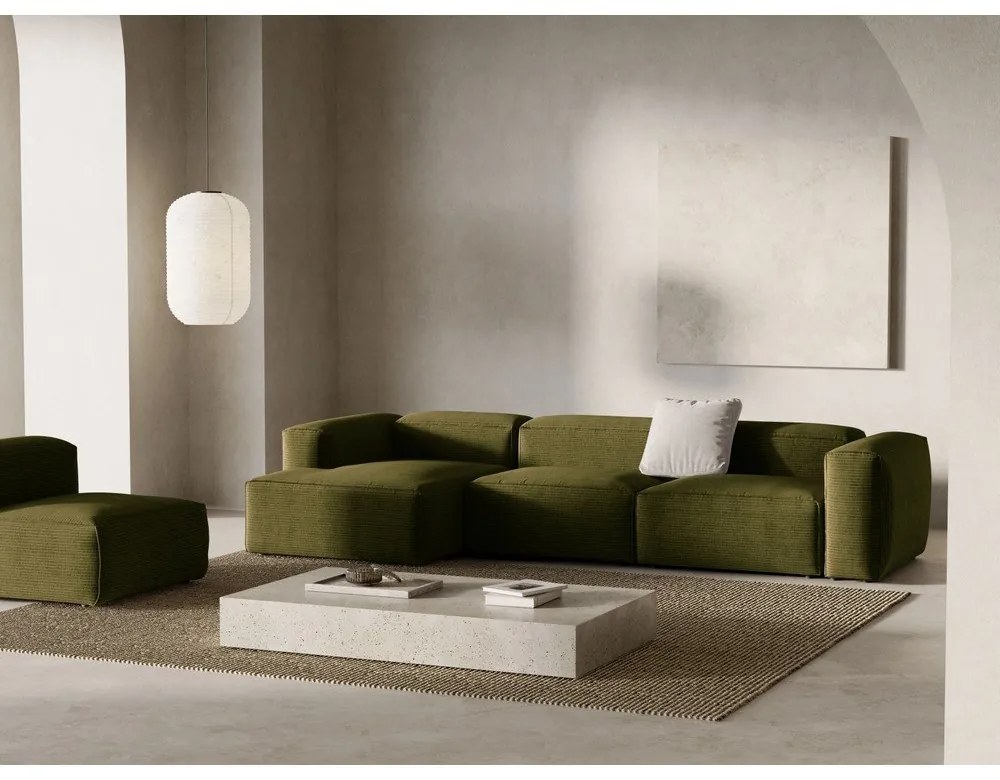 Zöld kordbársony sarokkanapé (bal oldali-heverő résszel) Bergamo – Cosmopolitan Design