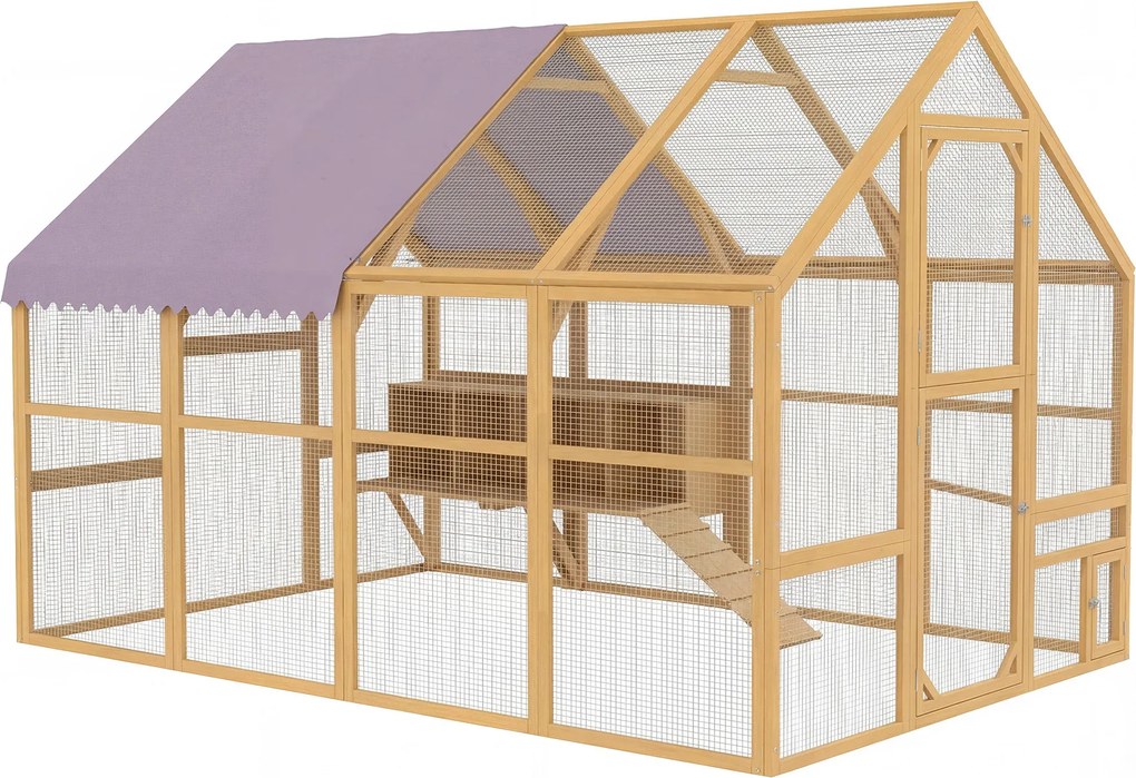 PawHut fa tyúk kifutó, kb. 5,2 m² (280 x 185,5 x 188 cm) kültéri kifutó fedett résszel, zárható ajtóval, rámpával, 4 fészekodúval — sárga (8–12 tyúkho