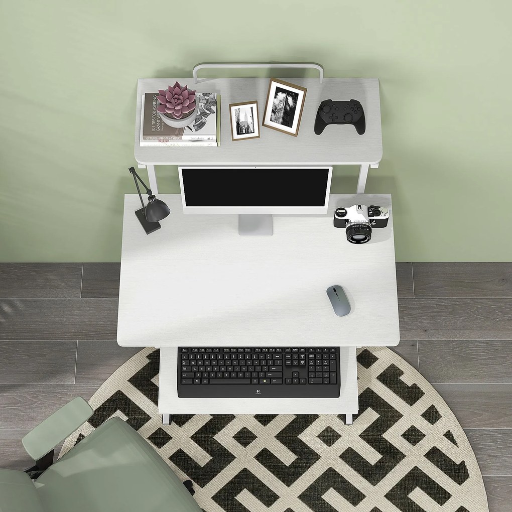 HOMCOM Számítógép Íróasztal, Gurulós Asztal Tároló Polcokkal, Munkaállomás és Billentyűzet Tálca, Gurulós Számítógép Asztal, 80 x 50 x 130 cm, Fehér |