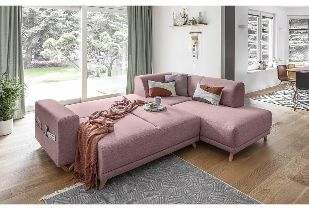Rózsaszín kinyitható-tárolóhelyes sarokkanapé (jobb oldali-L alakú) Classy Sophie – Miuform
