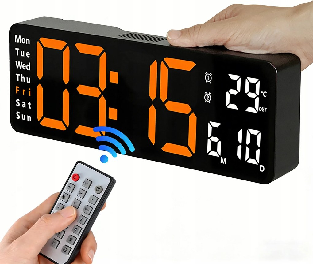 Ébresztőóra Elektronikus Óra Led Digitális Rádióvezérelt Hét &amp; Hőmérséklet Kijelző Narancssárga