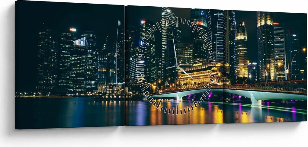 Egy kép az éjszakai Szingapúrról (órával) (90x30 cm)