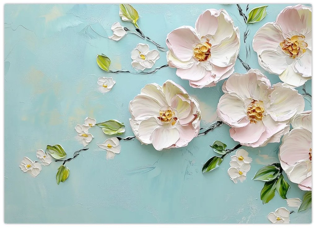 Üveg kép - Virágok kék háttéren (70x50 cm)