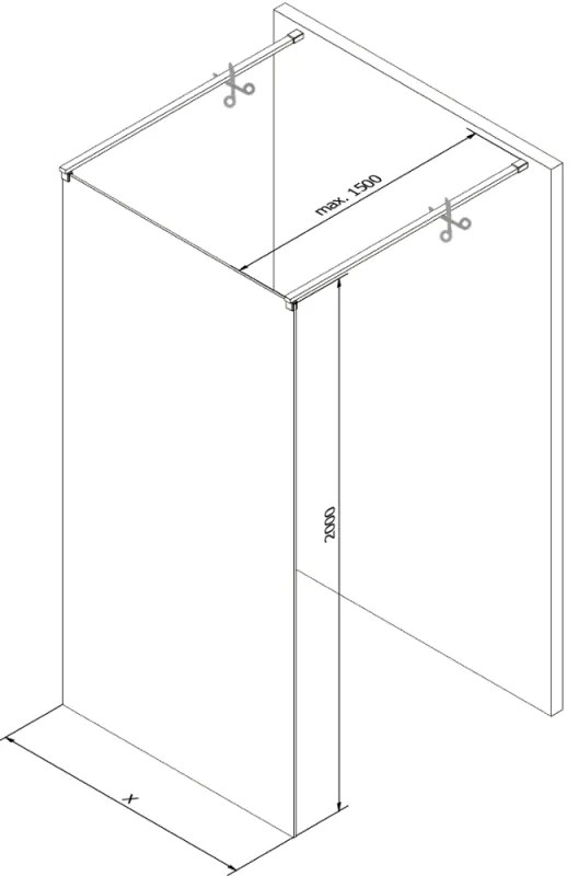 Mexen Kioto, átmenő zuhanyparaván 140 x 200 cm, 8mm átlátszó üveg / fekete mintás, 2x fekete stabilizáló távtartó, 800-140-002-70-70
