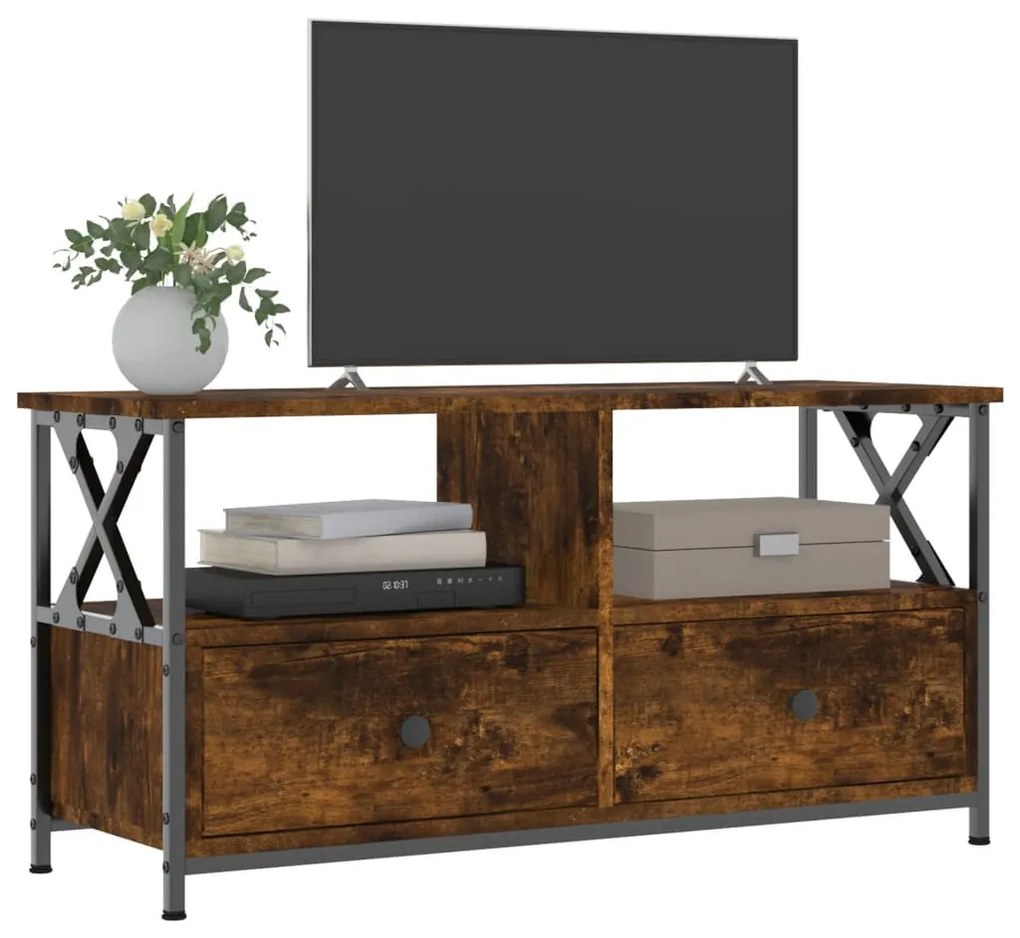 füstös tölgy színű szerelt fa és vas TV-szekrény 90x33x45 cm