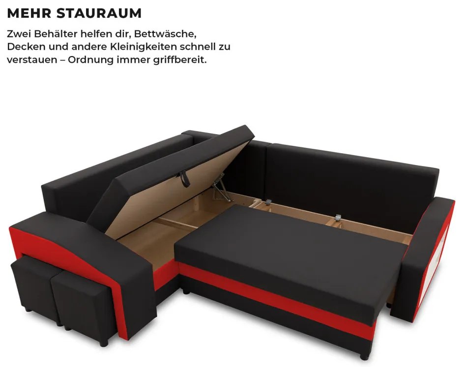 Grande sarokkanapé polcokkal és puffokkal , polc a jobb karfaban puffok a bal karfaban, baloldali, szövet anyag, bonell töltet, fekete - piros