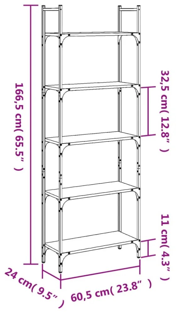 5 szintes füstös tölgy szerelt fa könyvespolc 60,5x24x166,5 cm