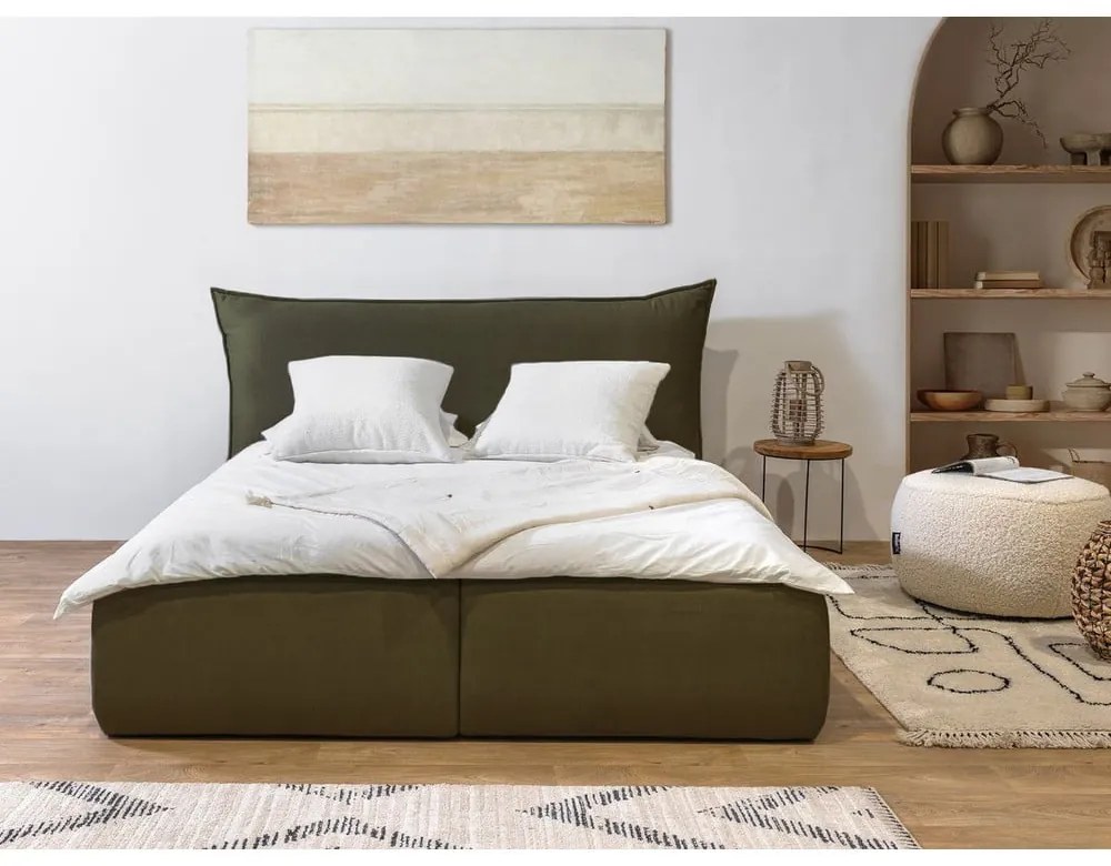 Sötétzöld kárpitozott ágyneműtartós franciaágy ágyráccsal 180x200 cm Jade – Bobochic Paris