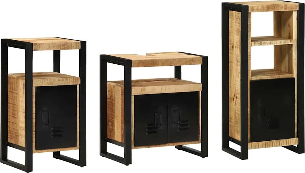 vidaXL Fürdőszoba bútor szett 3 pcs Barna és fekete Tömör Mangófát