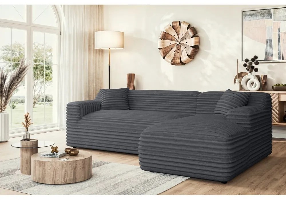 Sötétszürke kordbársony sarokkanapé (jobb oldali-heverő résszel) Martin – Ropez