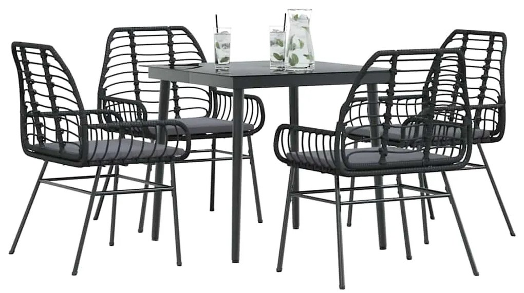 vidaXL 5 részes fekete polyrattan üveg kerti étkezőgarnitúra párnákkal