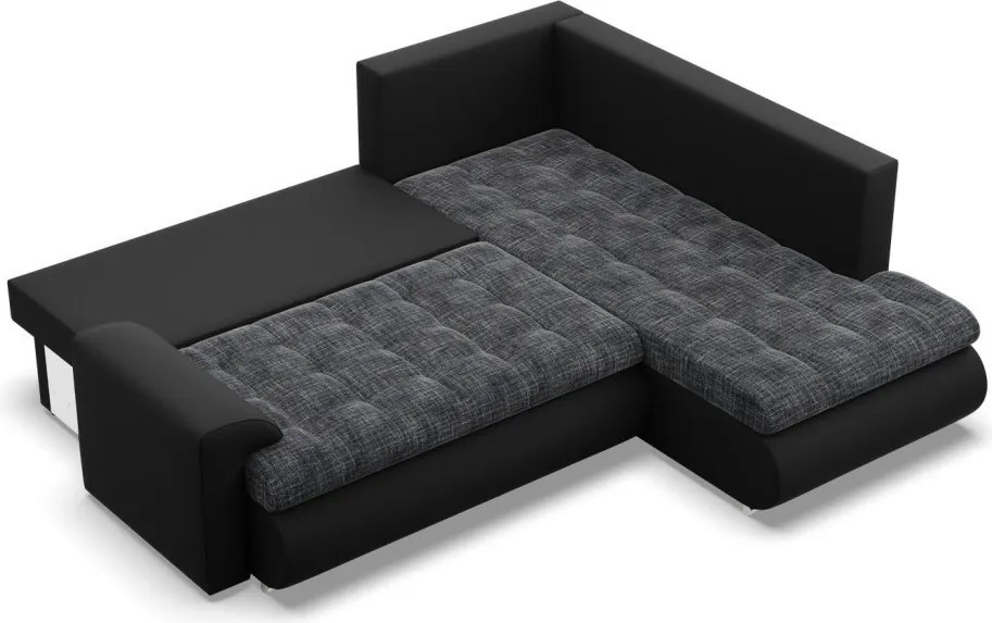 Tokio sarokkanapé, L alakú háttámlával, 2 ágyneműtartóval, fonott + műbőr, jobboldali, szürke - fekete