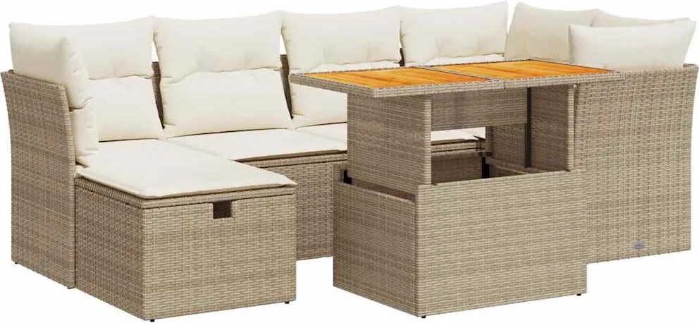 vidaXL 7 részes bézs polyrattan akácfa kerti ülőgarnitúra párnákkal