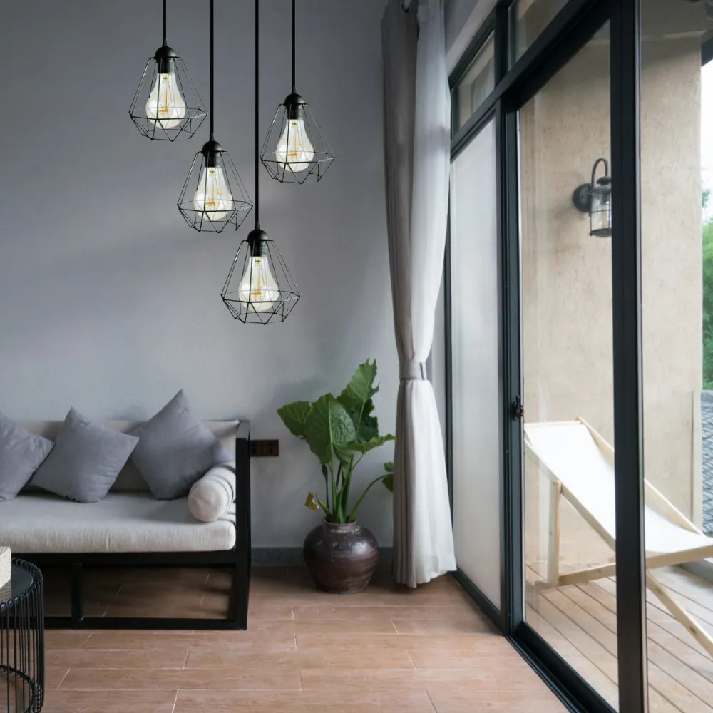 Glimex Diamond drót búrás állítható függőlámpa fekete 4x E27
