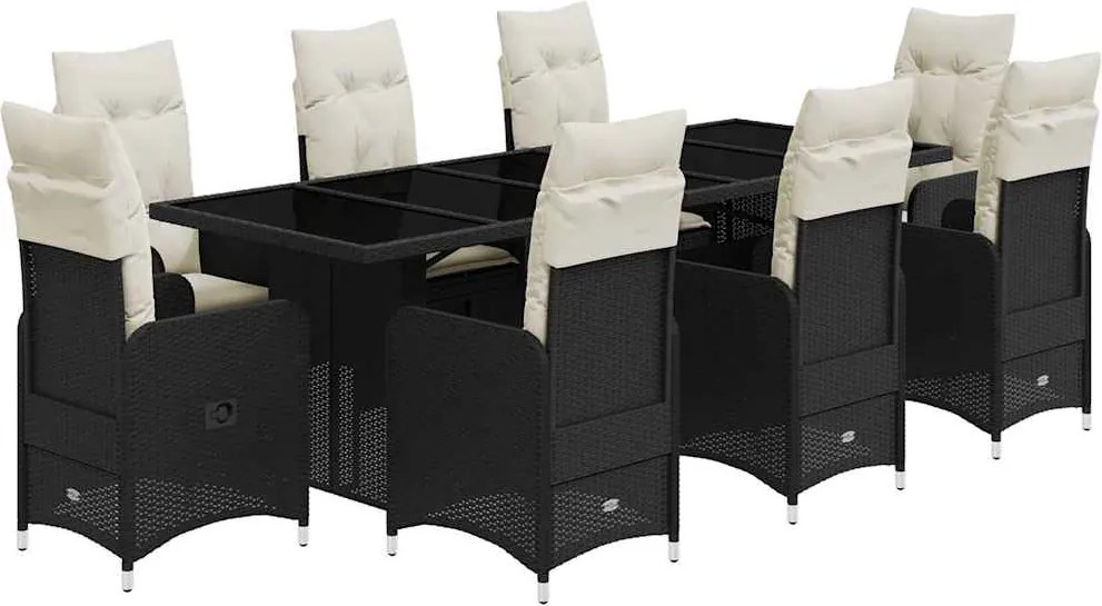 vidaXL 9 részes fekete polyrattan kerti bisztrógarnitúra párnákkal