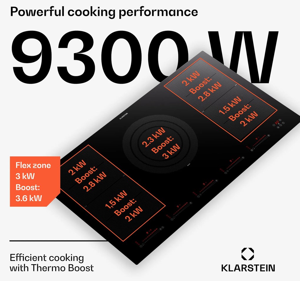 Klarstein Masterzone 90 Flex, indukciós főzőlap, max. 12 600 W, beépített, 5 zóna, 2 Flex zóna, ThermoBoost technológia, Smart Flex