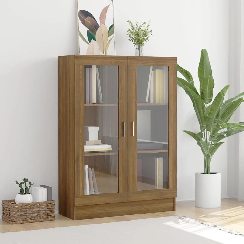 barna tölgyszínű szerelt fa vitrinszekrény 82,5x30,5x115 cm