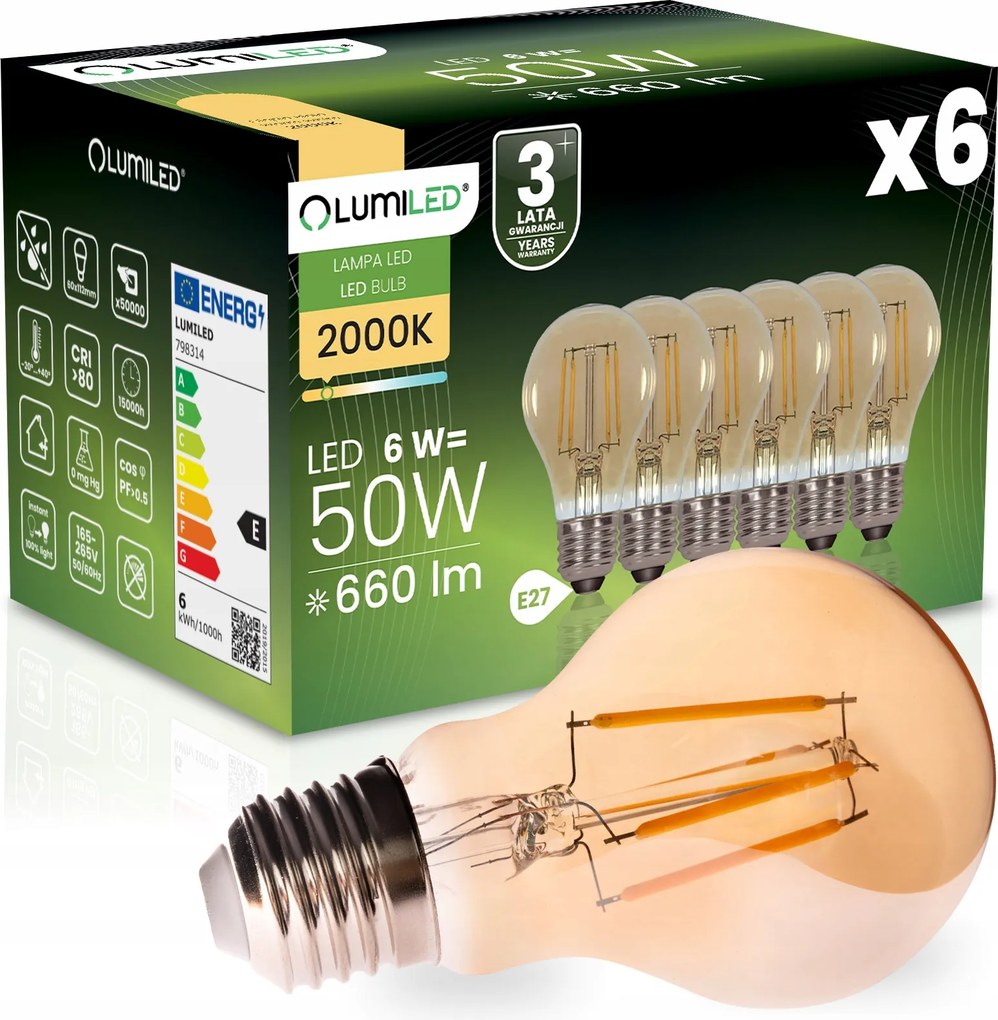 6 db E27 A60 Led izzó, Filament Amber (borostyán), 6W, 660LM 50W, 2000K, 360° Lumiled