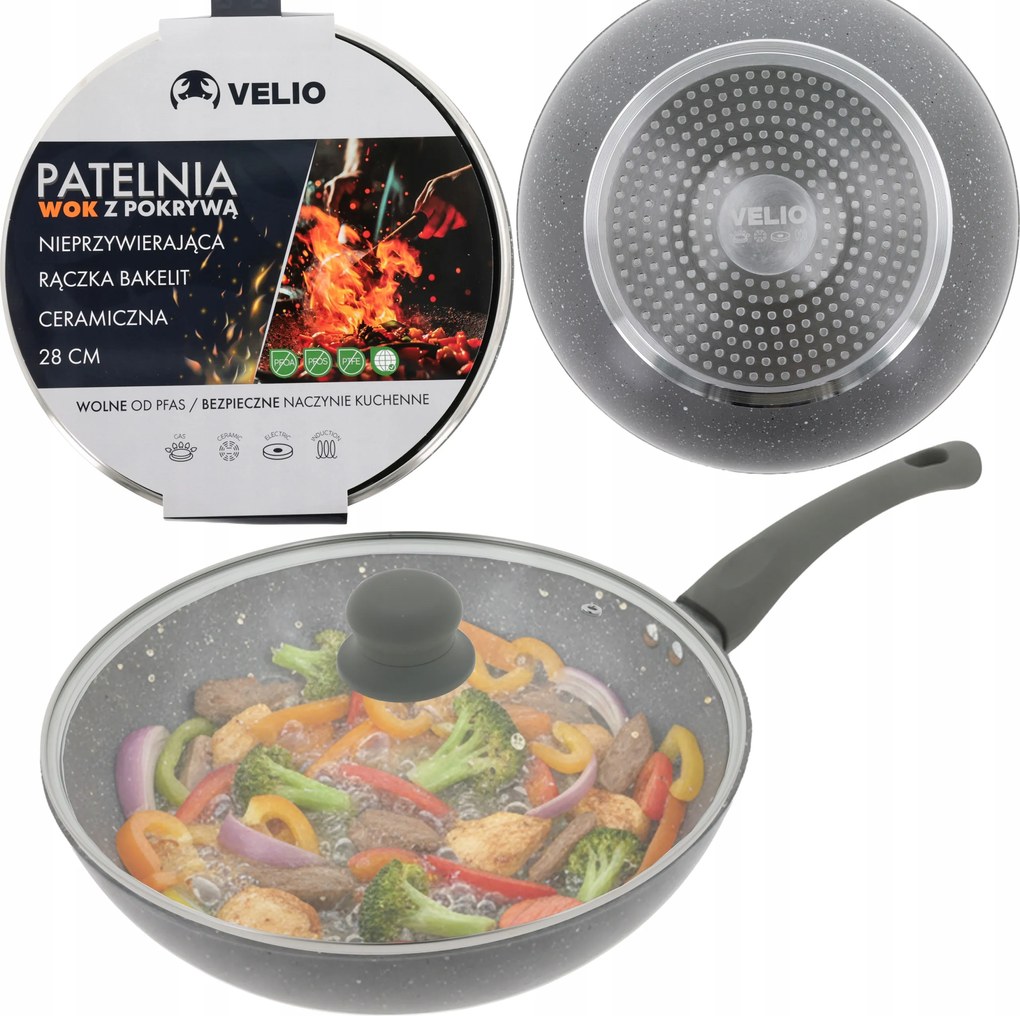 Kerámia Wok Serpenyő 28CM Mély Fedél Indukciós Elektromos Gáz Velio