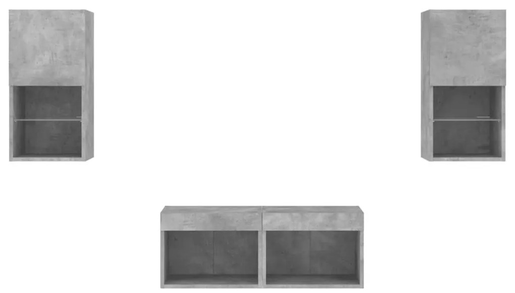 4 darab betonszürke falra szerelhető TV-szekrény LED-del