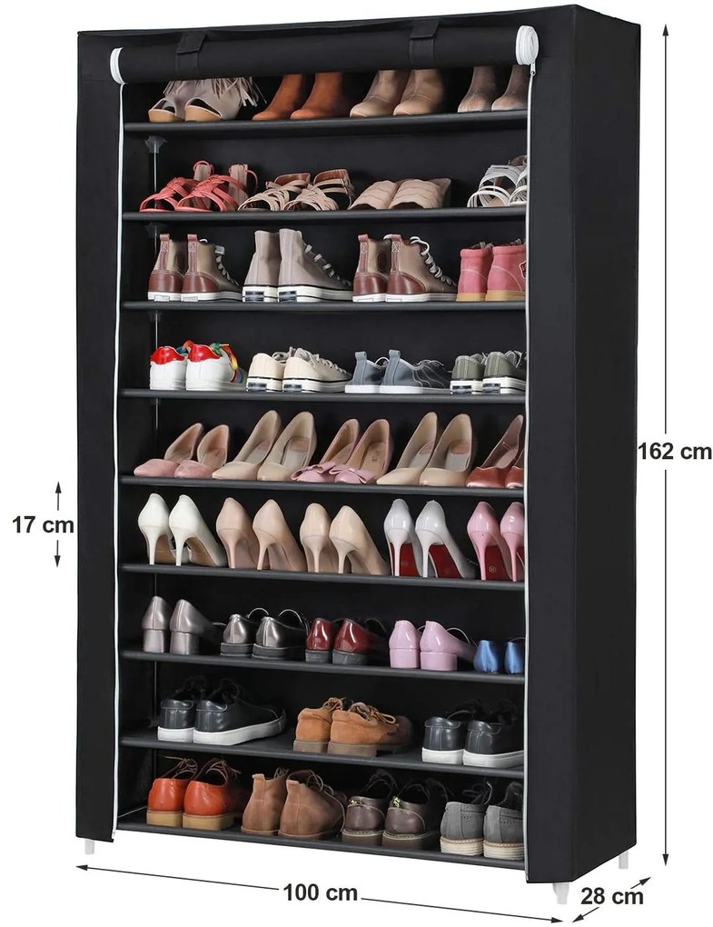 Cipőtartó, 10 szintes cipőpolc, fekete