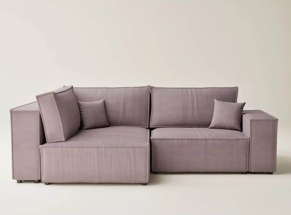 Lila kordbársony kinyitható-tárolóhelyes sarokkanapé (bal oldali-L alakú) Tonga – Maison de Rêve