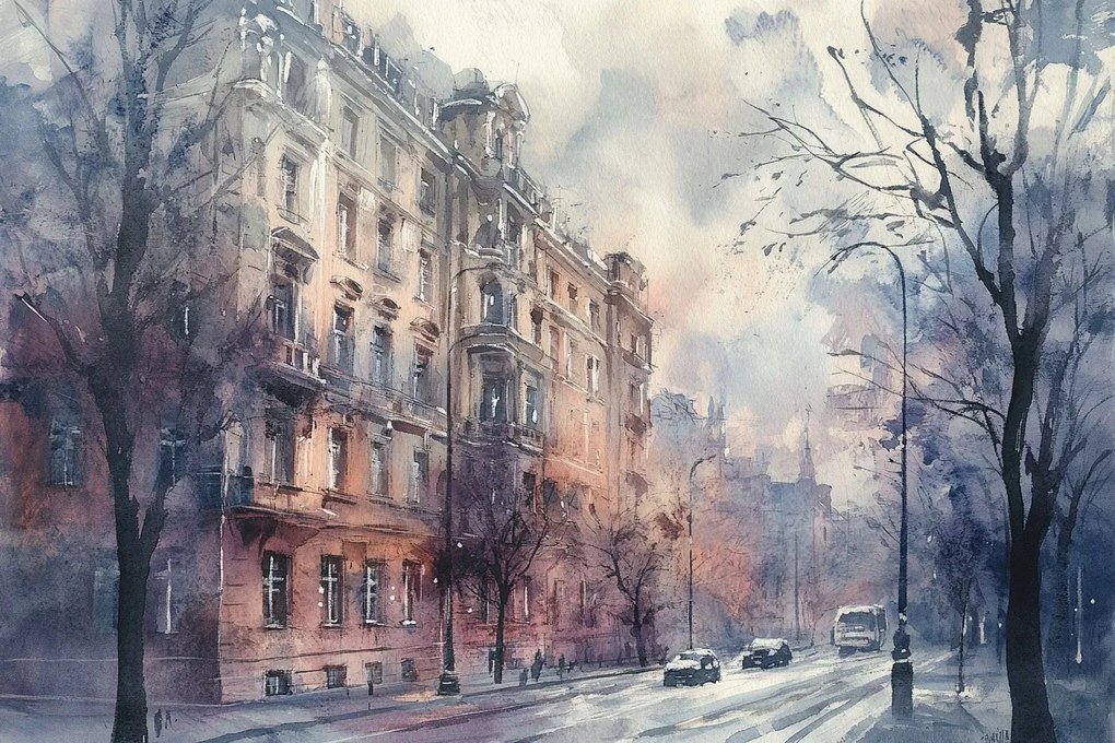 Vászonkép Canvas Akvarell Város Utca Bérházak Fák 60x40