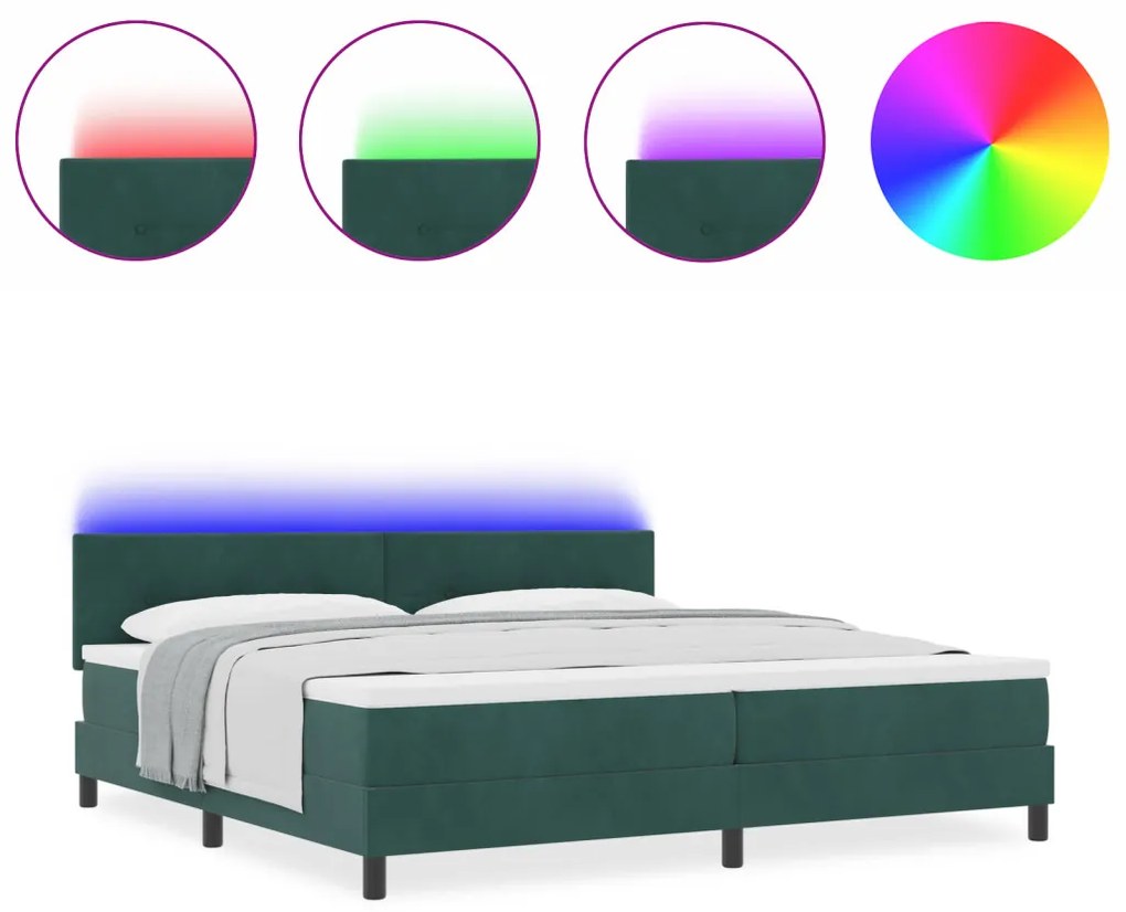 Boxspring Ágy Matrac & LED Sötét Zöld 200x200 cm Bársonyos