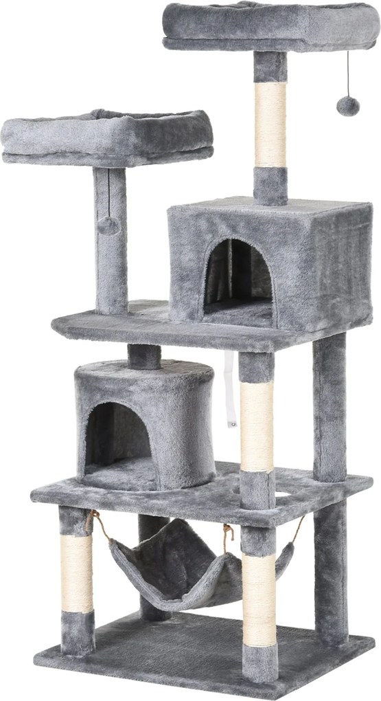 PawHut Nagy Macska Kaparófája Fa 145 cm, Macska Fa Hálóval, Mászófa Macskáknak, Macska Kaparófás Bútor Alagutakkal, Szürke | Aosom