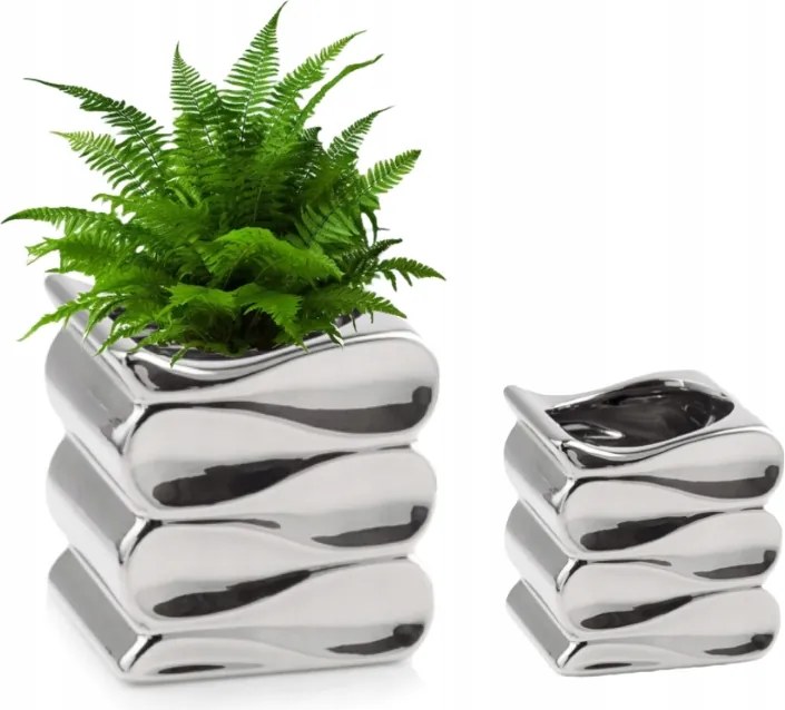 Kerámia kaspó ezüst 18x15cm glamour hullám négyzet divatos stílusos