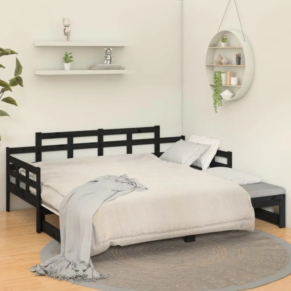 fekete tömör fenyőfa kihúzható kanapéágy 2 x (90 x 200) cm