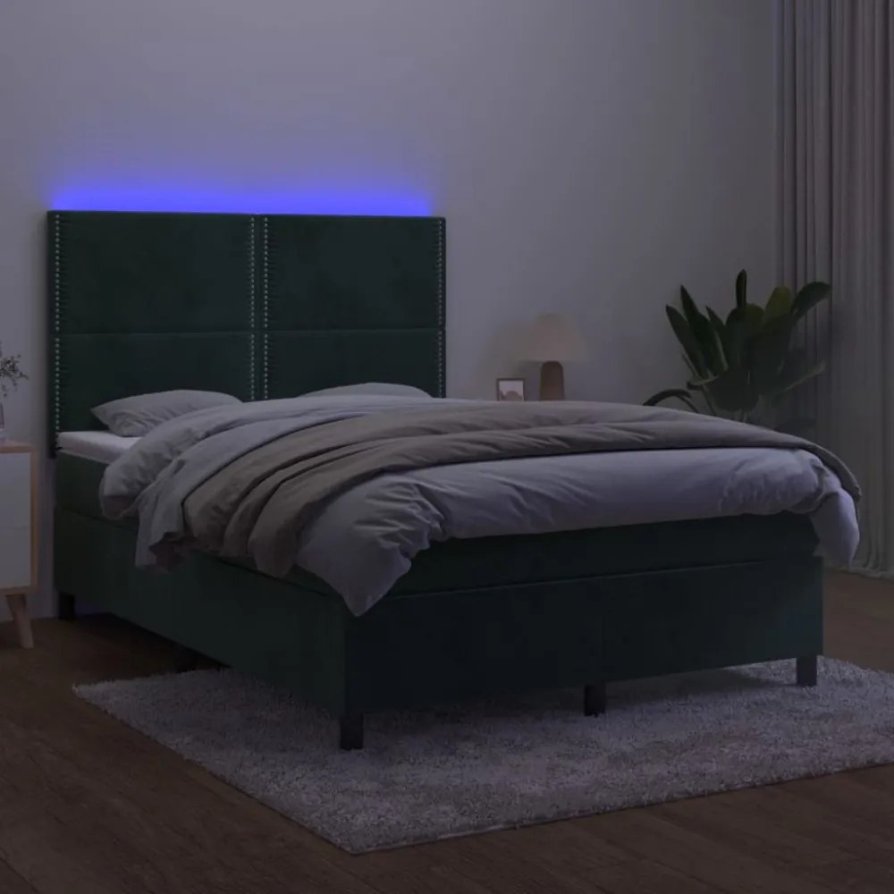 sötétzöld bársony rugós és LED-es ágy matraccal 140x190 cm