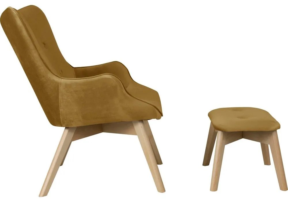 Mustársárga bársony fotel lábtartóval Niko – Ropez