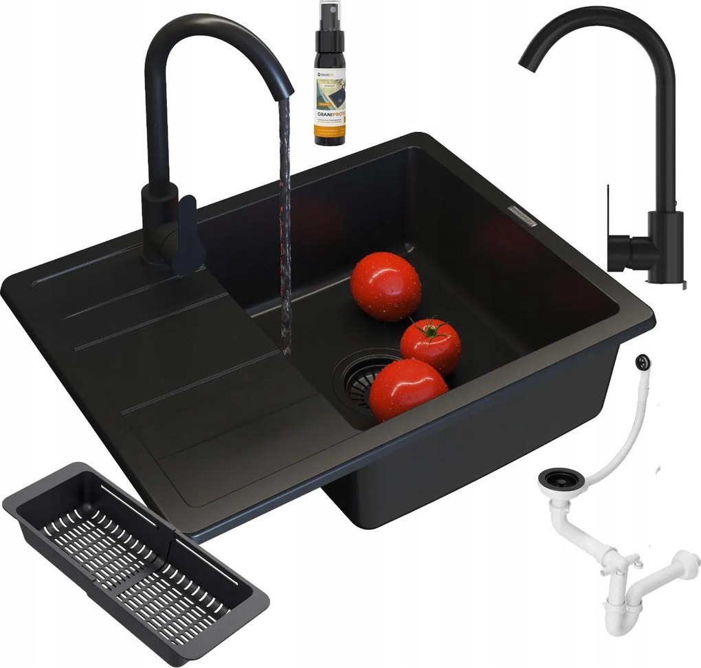 Gránit Mosogató Egymedencés Fekete Szifon Csaptelep Kosár Paros
